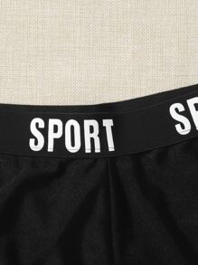 Muchica Quần legging lửng cạp chun in chữ đa năng thường ngày - Đen và trắng - Xem 3