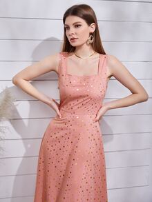 Mulvari 燙金印花方領洋裝 - 珊瑚粉 - 查看 3