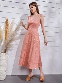 Mulvari 燙金印花方領洋裝 - 珊瑚粉 - 查看 5