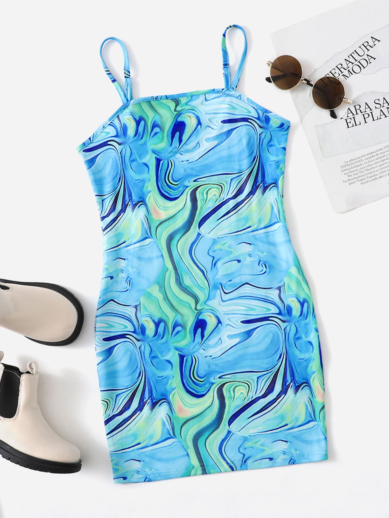 SHEIN Tween Girl Marble Print Cami Dress - Multicolor - View 1