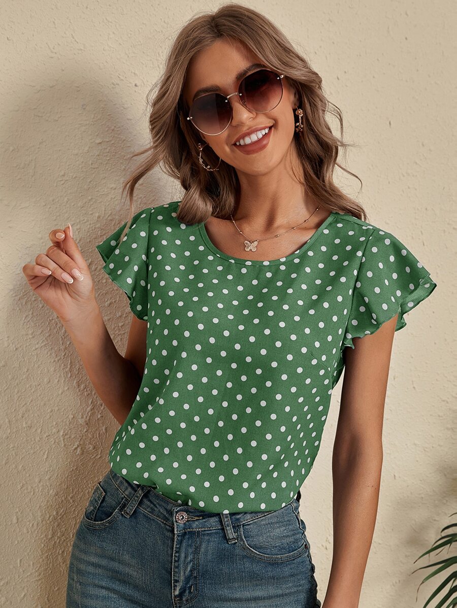 SHEIN LUNE Polka Dot Cut Out Back Blouse - Green - View 1