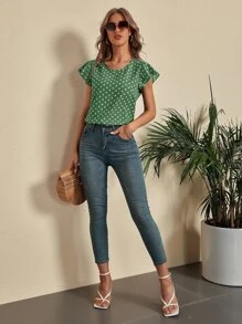 SHEIN LUNE Polka Dot Cut Out Back Blouse - Green - View 3