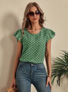 SHEIN LUNE Polka Dot Cut Out Back Blouse - Green - View 5