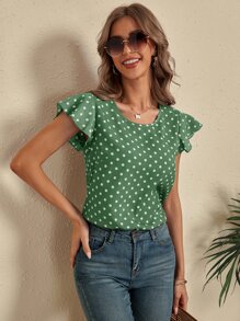 SHEIN LUNE Polka Dot Cut Out Back Blouse - Green - View 6