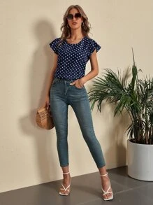 SHEIN LUNE Áo sơ mi nữ Cắt ra Xù Chấm bi Giải trí - Màu xanh hải quân - Xem 3