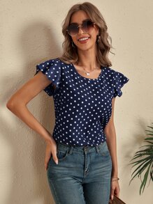 SHEIN LUNE Áo sơ mi nữ Cắt ra Xù Chấm bi Giải trí - Màu xanh hải quân - Xem 4