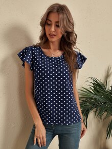 SHEIN LUNE Áo sơ mi nữ Cắt ra Xù Chấm bi Giải trí - Màu xanh hải quân - Xem 5