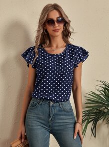 SHEIN LUNE Áo sơ mi nữ Cắt ra Xù Chấm bi Giải trí - Màu xanh hải quân - Xem 6