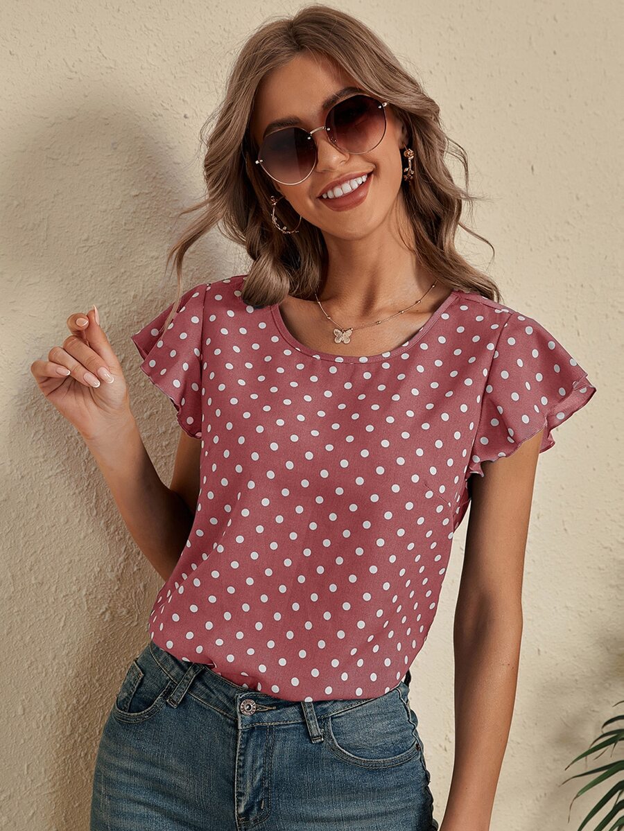 SHEIN LUNE Polka Dot Cut Out Back Blouse - Dusty Pink - View 1