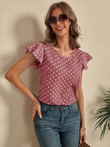 SHEIN LUNE Polka Dot Cut Out Back Blouse - Dusty Pink - View 4