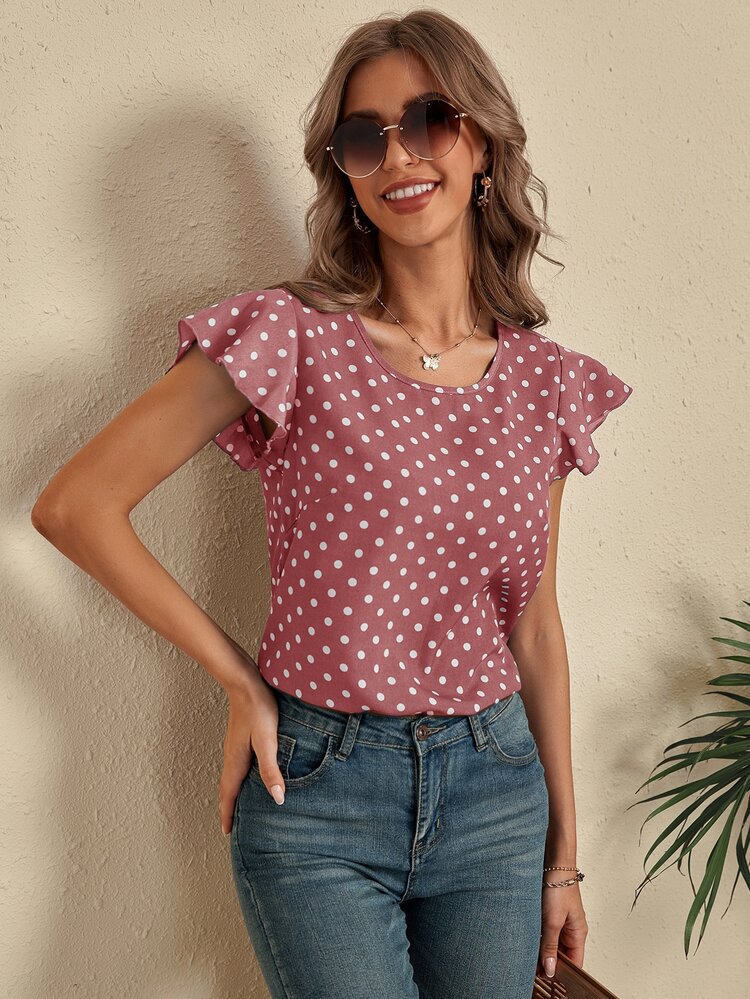 SHEIN LUNE Polka Dot Cut Out Back Blouse - Dusty Pink - View 4