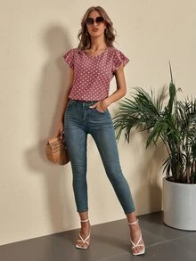 SHEIN LUNE Polka Dot Cut Out Back Blouse - Dusty Pink - View 5