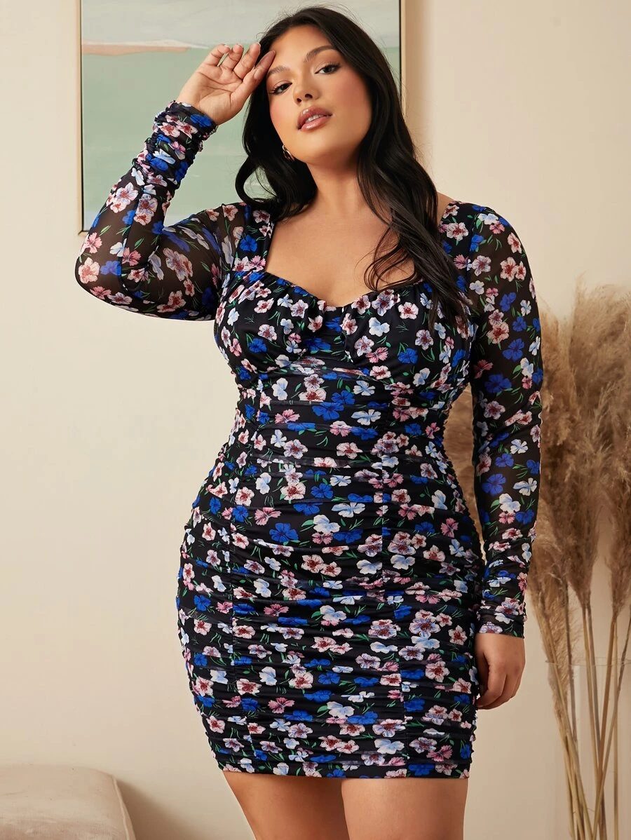 SHEIN Privé Đầm Plus Size Xù Hoa Tất cả trên in Thanh lịch - Nhiều màu - Xem 1