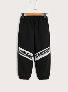 SHEIN Toddler Girls Letter Graphic Contrast Panel Joggers - Black - View 1