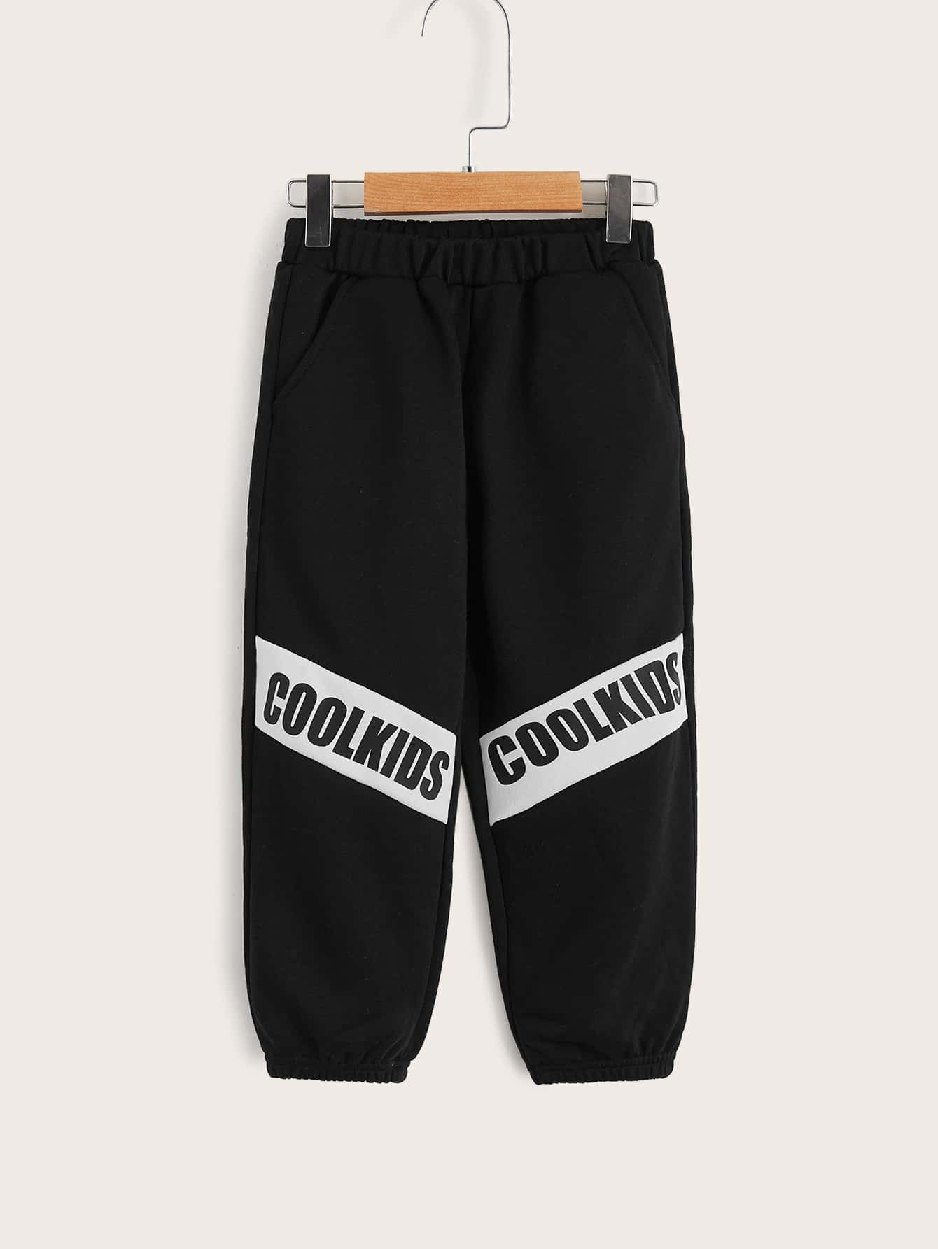 SHEIN Toddler Girls Letter Graphic Contrast Panel Joggers - Black - View 1