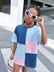 SHEIN Niñas Camiseta de hombros caídos de color combinado con puntada - Multicolor - Ver 3