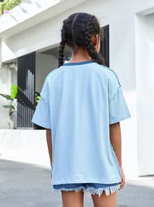 SHEIN Niñas Camiseta de hombros caídos de color combinado con puntada - Multicolor - Ver 2