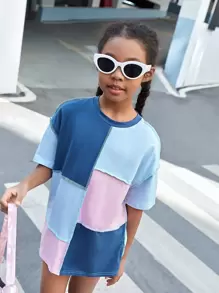 SHEIN Niñas Camiseta de hombros caídos de color combinado con puntada - Multicolor - Ver 1