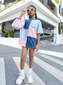 SHEIN Niñas Camiseta de hombros caídos de color combinado con puntada - Multicolor - Ver 4