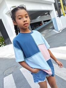 SHEIN Niñas Camiseta de hombros caídos de color combinado con puntada - Multicolor - Ver 5