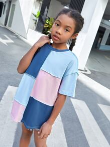 SHEIN Niñas Camiseta de hombros caídos de color combinado con puntada - Multicolor - Ver 6