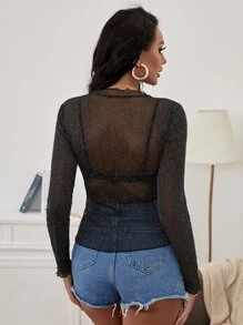 SHEIN SXY See Through Lettuce Trim Glitter Top Without Bra - Black - View 2