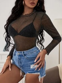 SHEIN SXY See Through Lettuce Trim Glitter Top Without Bra - Black - View 5