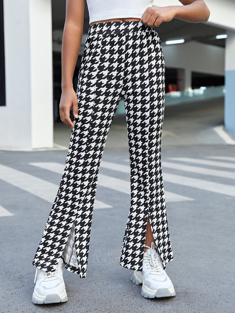 SHEIN 女孩千鳥格印花下擺開叉喇叭褲 - 黑與白 - 查看 1