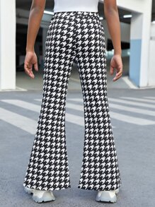 SHEIN Niñas Pantalones acampanados con estampado de pata de gallo bajo con abertura - Blanco y Negro - Ver 2