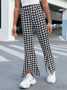 SHEIN Niñas Pantalones acampanados con estampado de pata de gallo bajo con abertura - Blanco y Negro - Ver 3