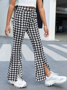 SHEIN Niñas Pantalones acampanados con estampado de pata de gallo bajo con abertura - Blanco y Negro - Ver 4