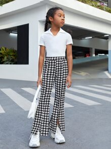 SHEIN Niñas Pantalones acampanados con estampado de pata de gallo bajo con abertura - Blanco y Negro - Ver 5