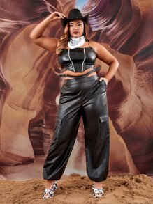 SHEIN ICON Plus Rhinestone Insert Asymmetrical Hem PU Leather Cami Top - Black - View 4