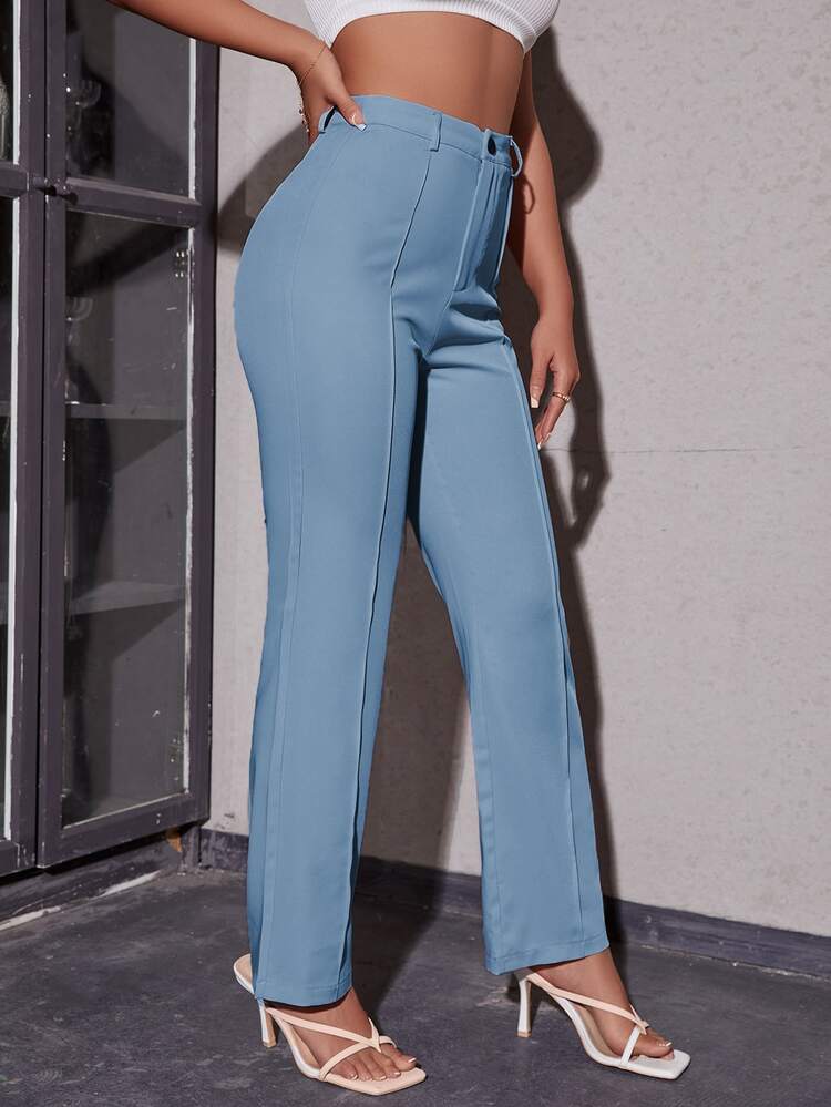 SHEIN SXY 高腰接縫細節長褲 - 霧霾藍 - 查看 5