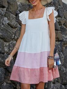 SHEIN Holidaya Vestido smock de color combinado de manga con volante de cuello cuadrado - Multicolor - Ver 1