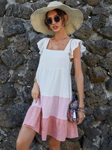 SHEIN Holidaya Vestido smock de color combinado de manga con volante de cuello cuadrado - Multicolor - Ver 4