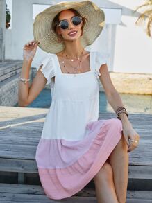 SHEIN Holidaya Vestido smock de color combinado de manga con volante de cuello cuadrado - Multicolor - Ver 6