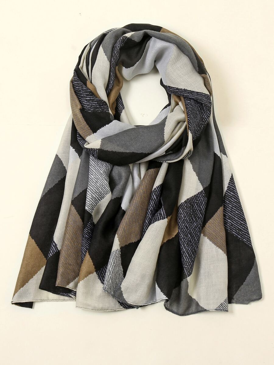 格紋圖案圍巾 - 黑色 - 查看 1