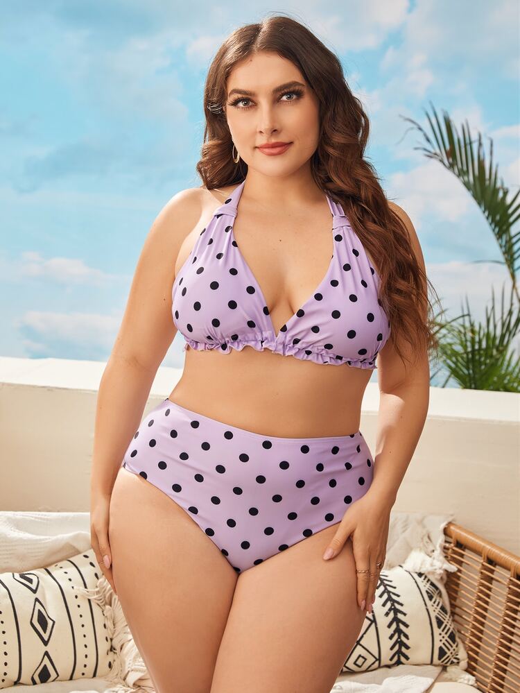 Bộ bikini dây in họa tiết chấm bi cỡ lớn đi biển mùa hè - Màu tím - Xem 1