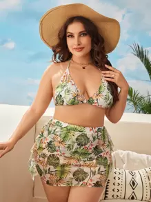 3包大尺碼植物印花頸掛三角比基尼套裝和海灘裙夏日沙灘 - 彩色 - 查看 1