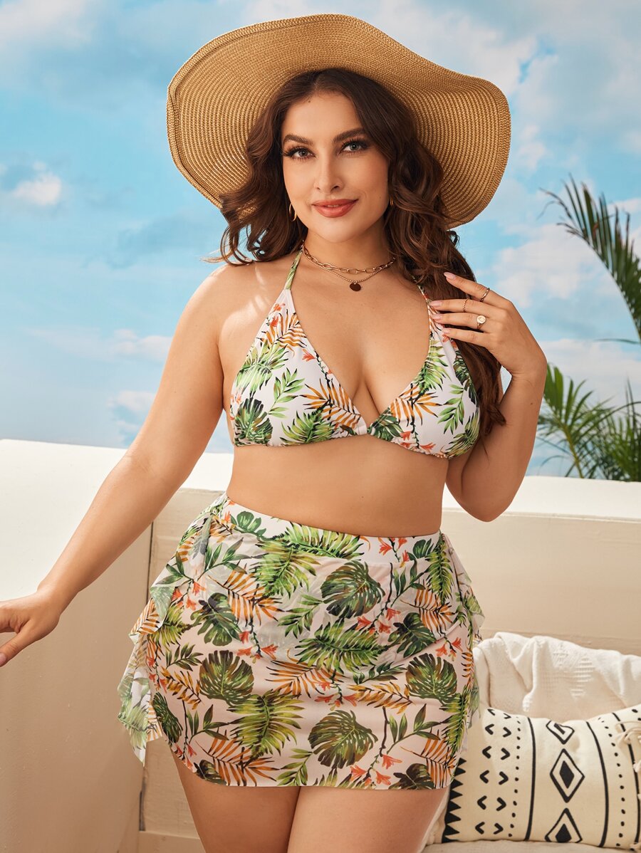 3包大尺碼植物印花頸掛三角比基尼套裝和海灘裙夏日沙灘 - 彩色 - 查看 1
