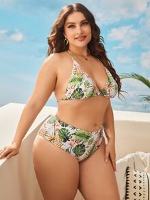 3包大尺碼植物印花頸掛三角比基尼套裝和海灘裙夏日沙灘 - 彩色 - 查看 5