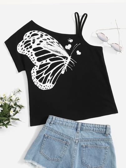 SHEIN Tricou cu gât asimetric cu imprimeu fluture pentru fete