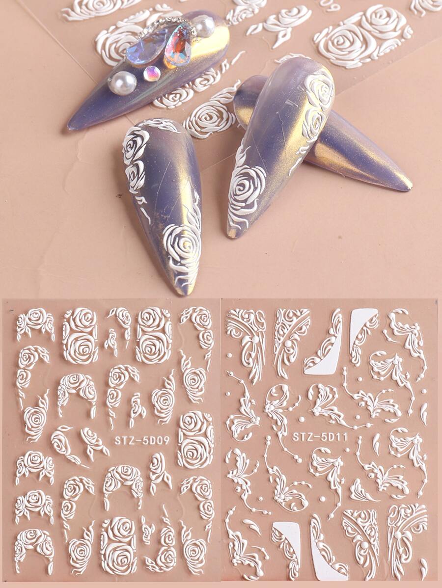 FULL BEAUTY 2 tấm Hoa Hồng Họa Tiết Móng Tay Nghệ Thuật Miếng Dán Móng Tay DIY - trắng - Xem 1