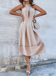Open Back Crisscross Halter Dress - Apricot - View 1