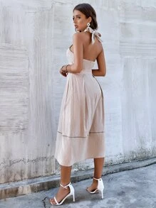 Open Back Crisscross Halter Dress - Apricot - View 2
