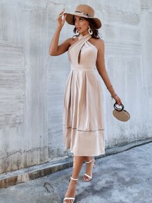 Open Back Crisscross Halter Dress - Apricot - View 6