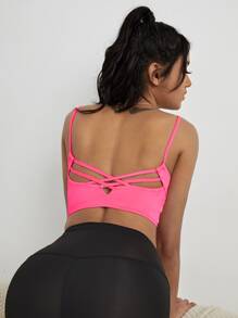 Neon Pink Crisscross Backless Sports Bra - Hot Pink - View 2