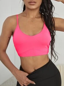 Neon Pink Crisscross Backless Sports Bra - Hot Pink - View 4