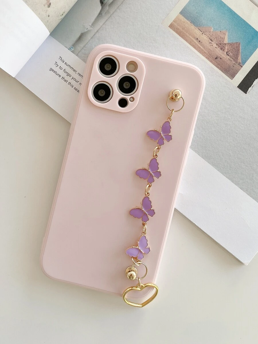Plain Phone Case With Butterfly Hand Strap - Pink - View 1